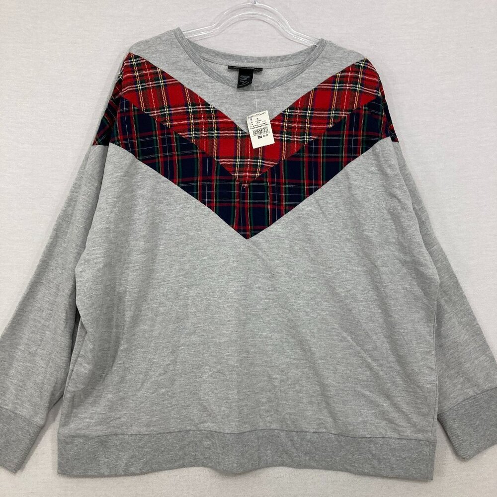 New Ashley Sport size 22/24 Gray Red Plaid Stretch Knit Pullover Sweatshirt‎